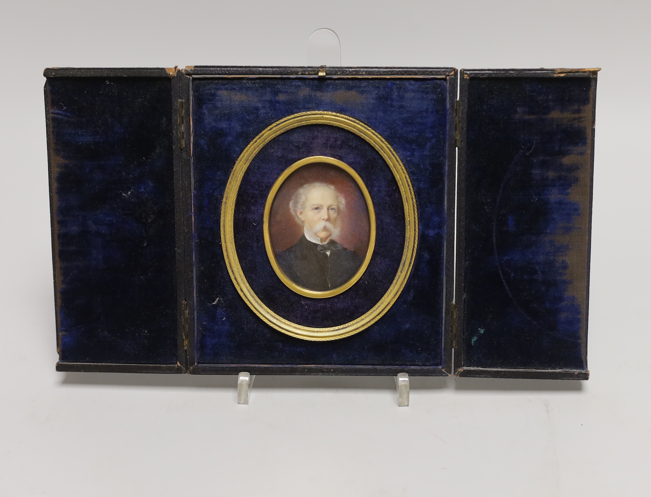 Victorian miniature on ivory of Sir Edward Synge, 3rd Baronet, inscribed to the reverse, housed in a fitted leather case, CITES Submission reference UPC12XXG